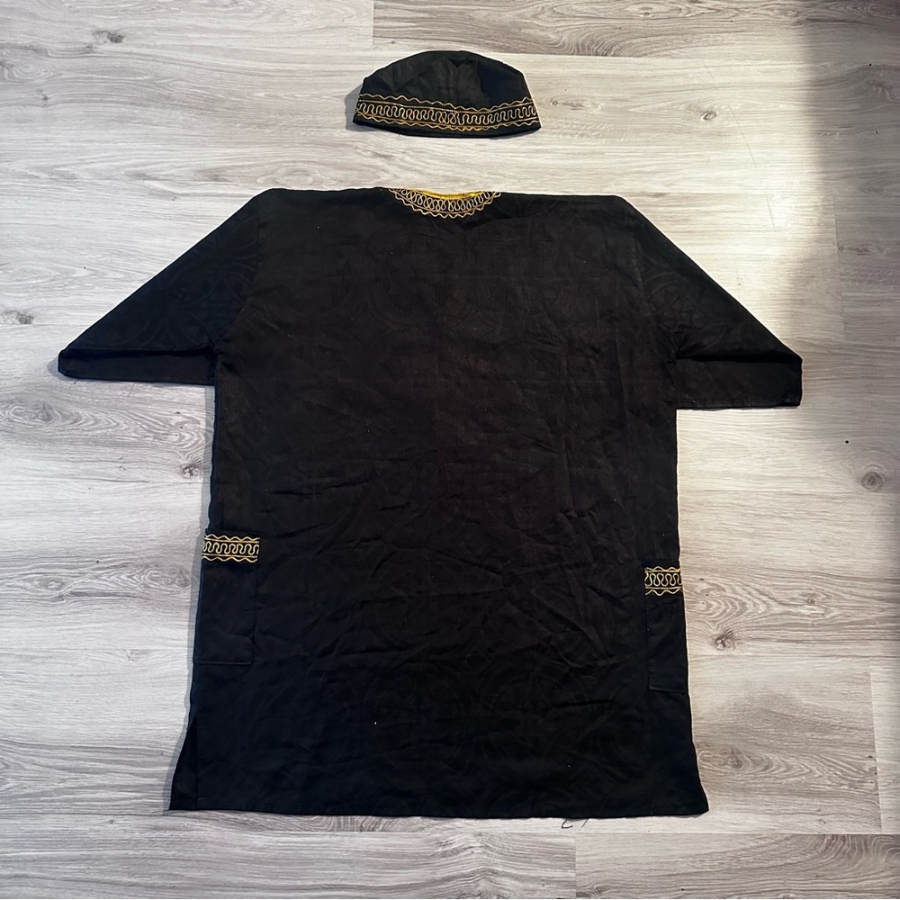 Men's Traditional African Dashiki Top Shirt and Kufi Hat Set Large Black Gold - Picture 12 of 14